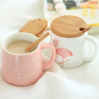 

350ml Cute Pink Flamingo Ceramic Coffee Mug with Lid and Spoon Coffee Milk Tea Water Cups Creative Gifts
