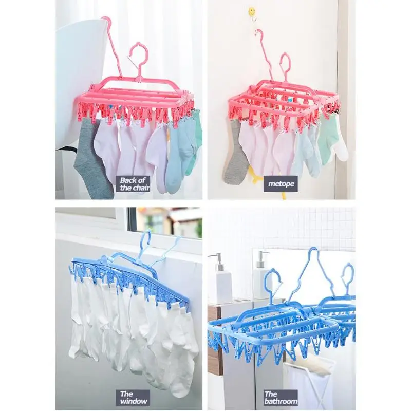

32 Clips Socks Clothes Drying Rack Portable Folding Cloth Hanger Holder for Household Bra Undewear Drying Racks Hooks Hanging