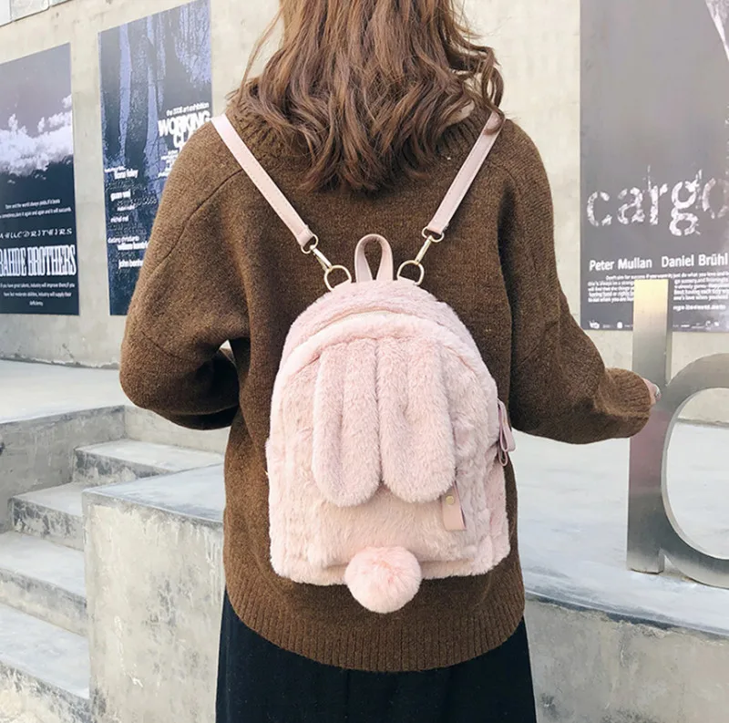 Furry Rabbit Ear Backpack cute Girls Shoulder Bag Mini Furry Fluffy Plush schoolbag Winter Women's Travel Bag