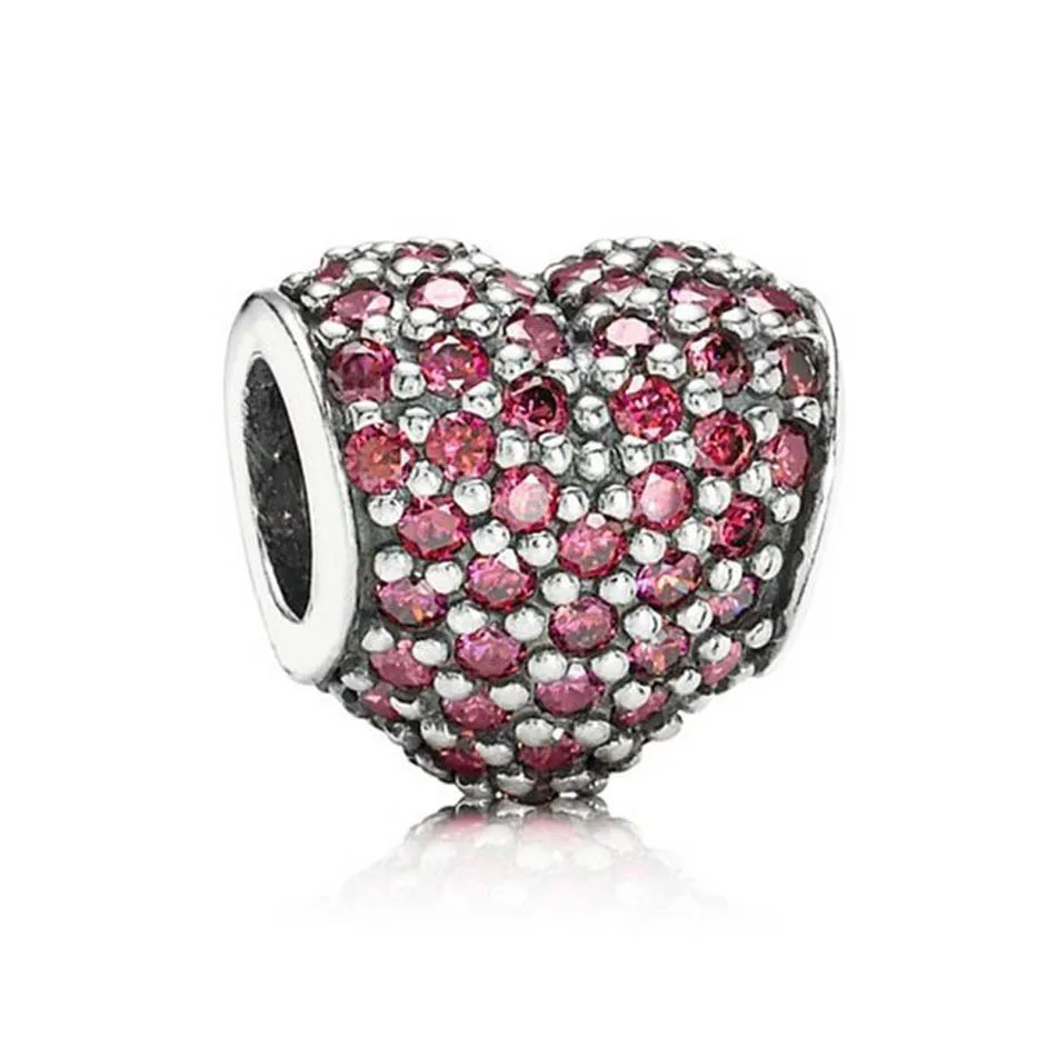 

Authentic S925 Sterling Silver DIY Jewelry Pave Heart Charm fit Lady Bracelet Bangle Pave Red CZ Girl Gift