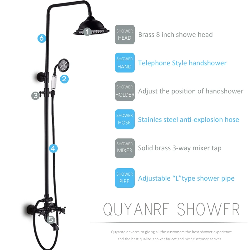 quyanre wanfan gappo black broze shower faucets set rainfall shower head creamic handshower swivel tub spout dual handles mixer tap bathroom shower2