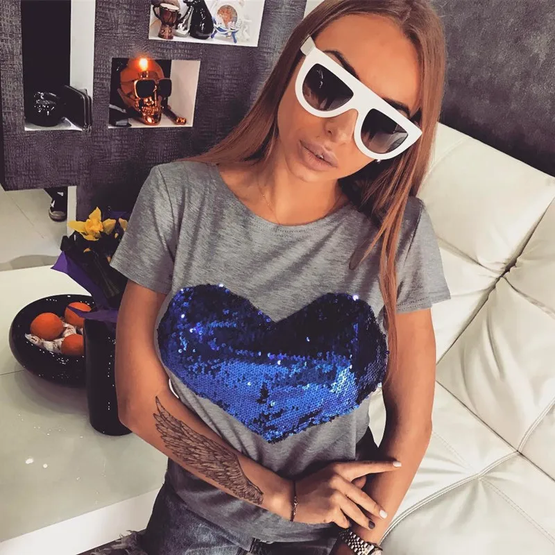

Momoluna Brand T-shirts New Summer Tshirts for Women Tops Fashion Blue Heart Sequin T Shirt Female Harajuku T-shirt Camisas