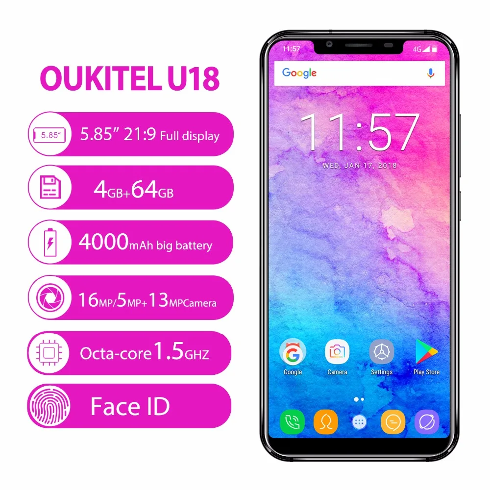 

Original OUKITEL U18 4G Mobile Phones Android 7.0 4GB+64GB Octa Core Smartphone 1080P 5.85 inch 21:9 Screen Dual SIM Cell Phone