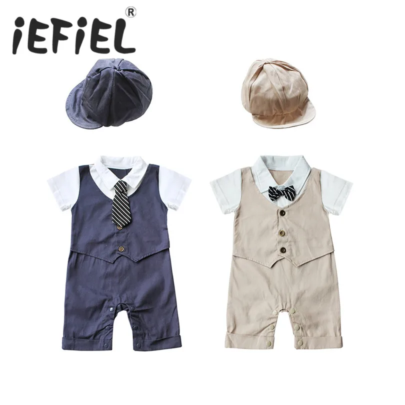 Baby Boys Rompers 2 Pieces Clothing Set Khaki Blue Hat + Vest Waistcoat