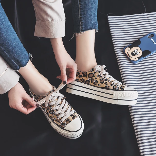 US $23.80 leopard high heel Canvas vulcanized shoes New Arrival Women platform Jogging Breathable Casual girl