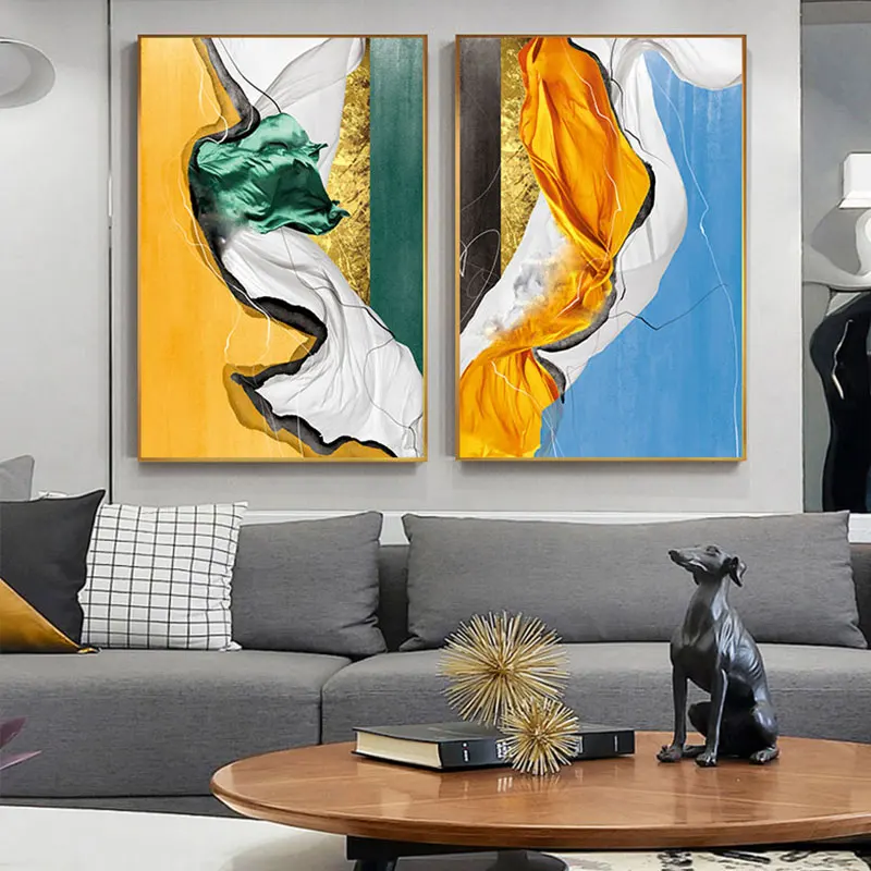 

Abstract Blue Yellow Wall Pictures Time River Canvas Art Modern Painting Golden Posters and Prints Living Room Wall Art Tableaux