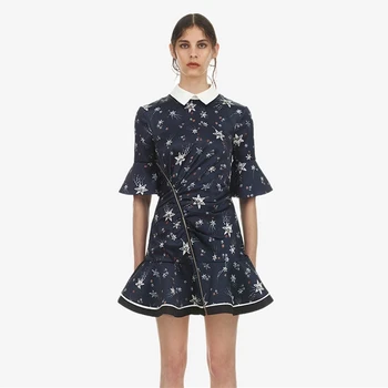 

Summer 2019 Mini Dress Sexy Elegant Short Print Embroidery Women Turn-Down Collar Night Club Body con Party Dresses Wholesale