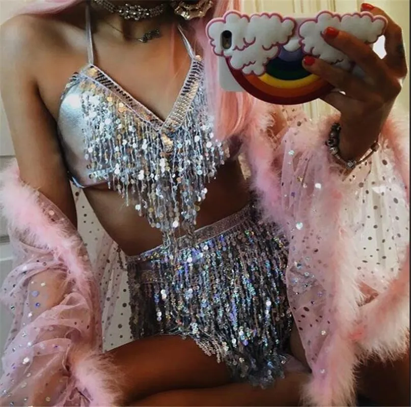 

Sexy Sequins Women Set Draped Tassel Skirts Shiny Women Drawstring Night Club Beach Festival Club Wear Crop Top