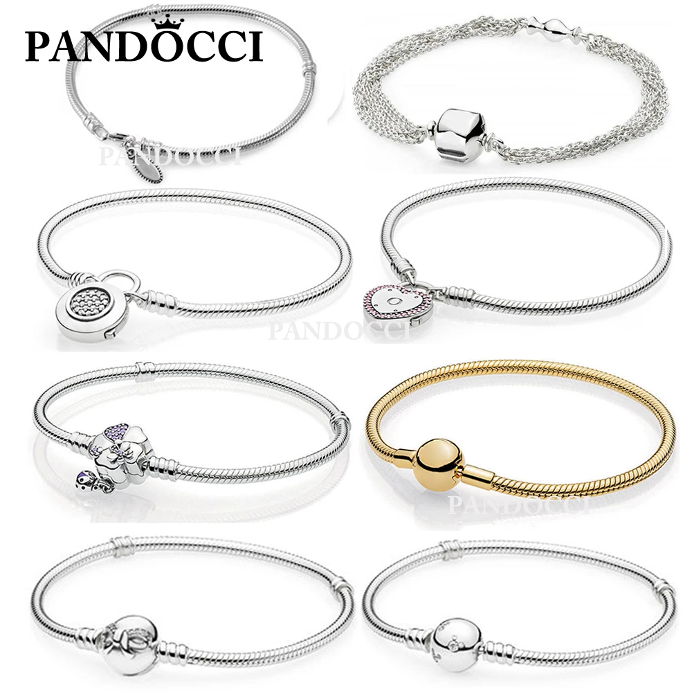 

PANDOCCI 100% 925 Sterling Silver Gem Heart Shape Round Basic Snake Bracelet Gold Original Women's Wedding Jewelry Wholesale