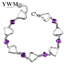 

YWM 925 Sterling Silver Heart Shaped Amethyst Bracelet Korean Jewelry Vintage Jewelry Fashion Strand Bracelets for Women Girls