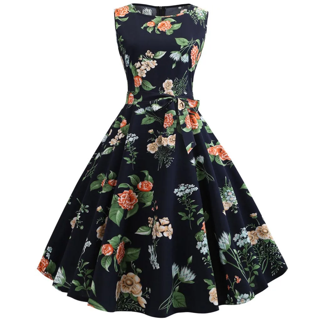 

Women's Vintage Sleeveless Print Casual Evening Party Prom Swing Dress