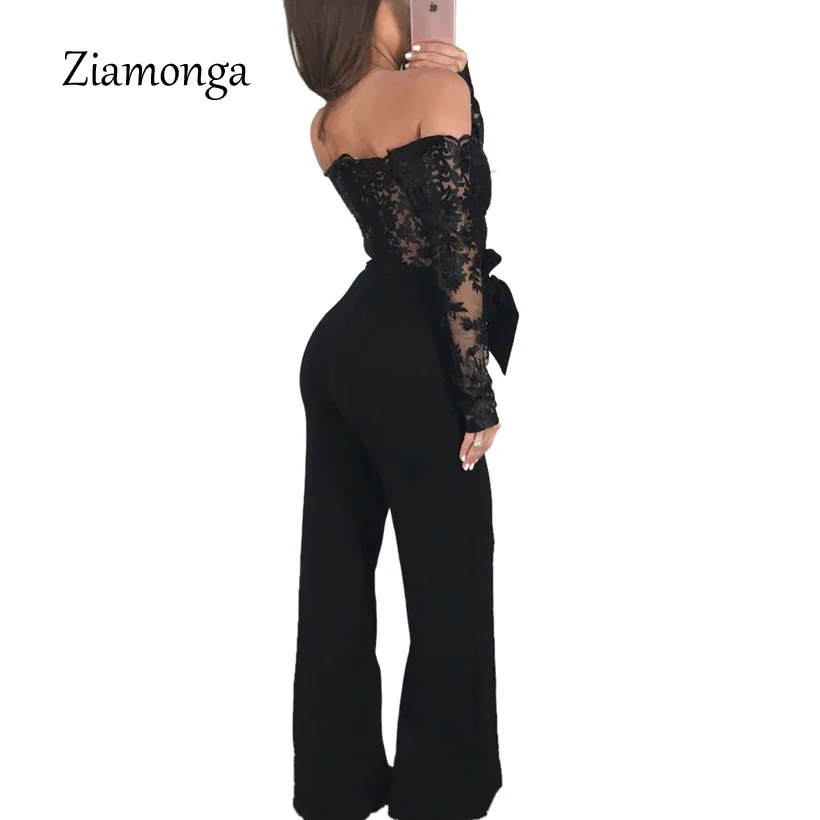Ziamonga сексуальная без бретелек выдалбливают Для женщин осень комбинезон Элегантный длинным рукавом женский кружева лоскутное комбинезон Для женщин комбинезоны