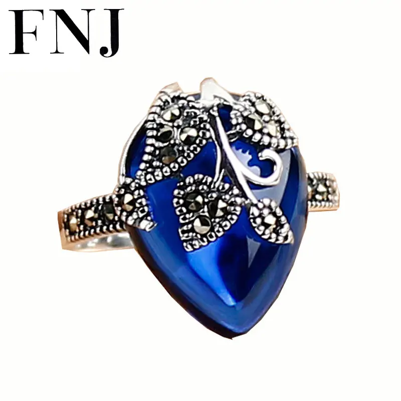 

FNJ 925 Sterling Silver Ring Marcasite Blue Red Corundum Wedding Heart Shape Leaves Garnet S925 Thai Silver Rings for Women