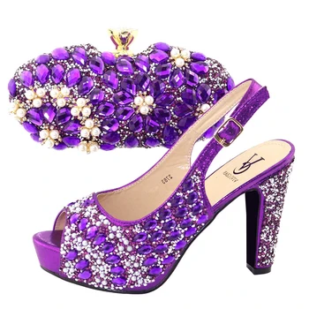 

Italian shoes and bag in purple with many stones and beads for african aso ebi wedding party shoes and bag matching set SB8321-3