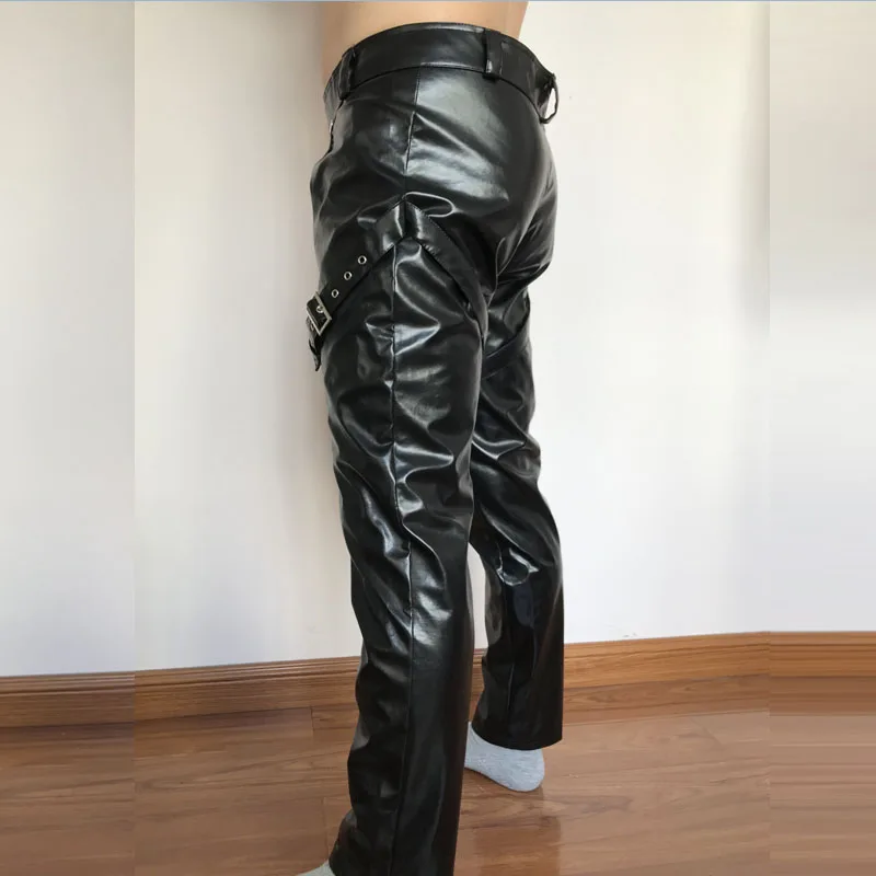 Мужские брюки из искусственной кожи, обтягивающие блестящие черные брюки, сексуальные открытые передние кожаные штаны для ночного клуба, сцены, певцы танцовщицы, брюки