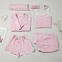 Spring & Summer Women Causal Comfortable Pajama Seven Sets Top+camisole+pants+shorts+hair Band+hair Ring+bag Female Sleepwear