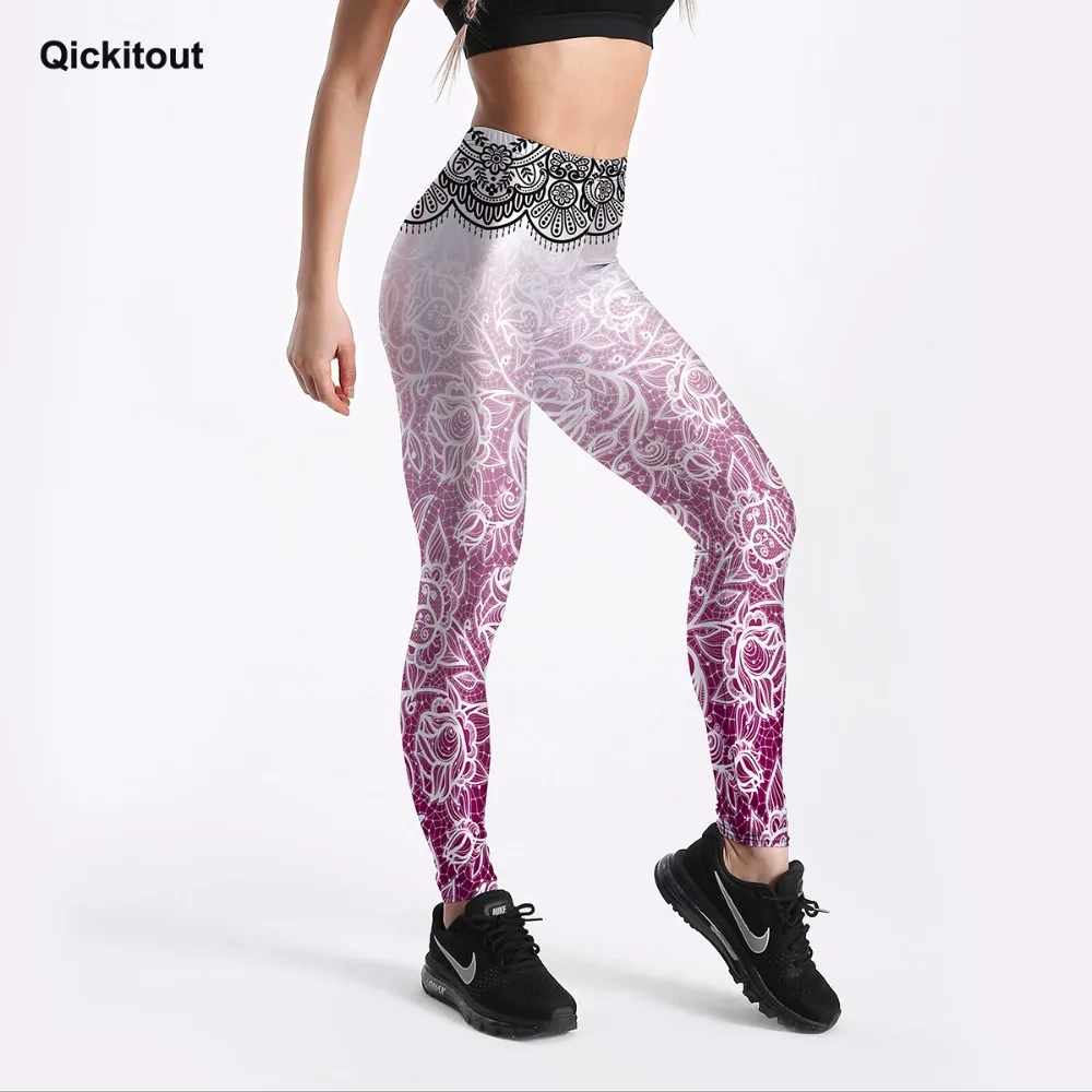 

Qickitout Sexy Workout Leggings For Women Black Floral Print Waist Gradient Color Leggings Fitness Slim Casual Ankle Length Pant