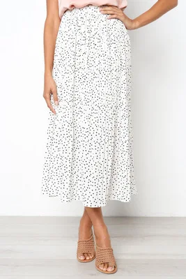 Плиссированная юбка миди в белый горошек с цветочным принтом, Женская эластичная юбка с высокой талией и боковыми карманами, летняя коллекция года, элегантная женская юбка - Цвет: Белый