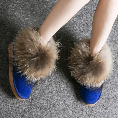 Женские ботинки из натуральной кожи с натуральным лисьим мехом; брендовая зимняя обувь; теплые черные повседневные женские зимние ботинки с круглым носком размера плюс - Цвет: fox fur boots