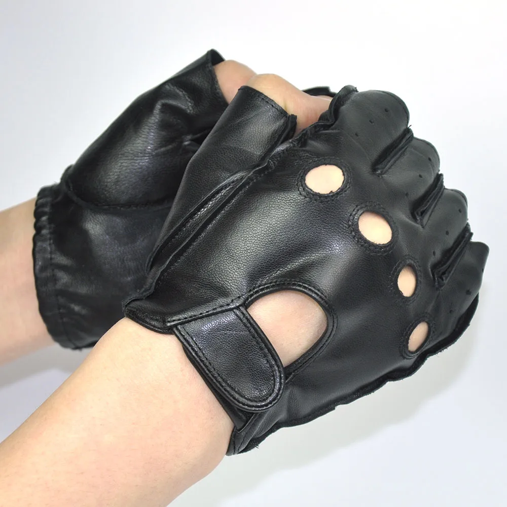 Men's Black Genuine Goatskin Leather Half Finger Thin Gloves Stage
