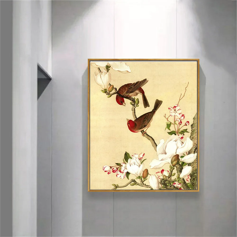 Винтажный декор с пейзажем китайский цветок и птица холст с живописным пейзажем печать Настенная картина для домашнего декора без рамы