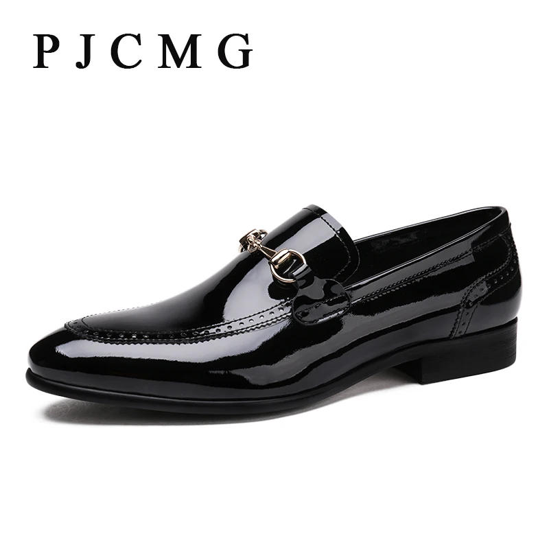 PJCMG New Fashion Black/Red Lace-Up Pointed Toe Medium Genuine Patent Leather Business Formal Casual Oxfords Shoes For Man