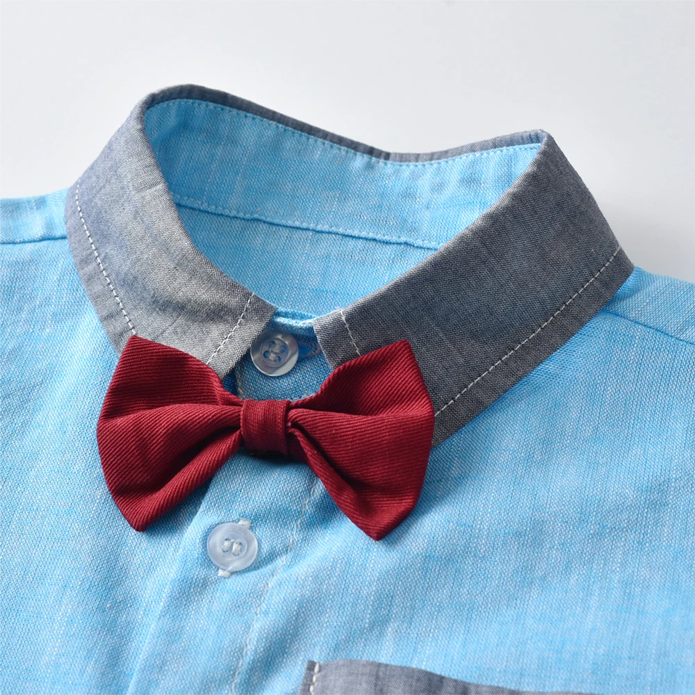 Топ и топ, летний комплект одежды для маленьких мальчиков, рубашка с короткими рукавами и галстуком-бабочкой+ комбинезон, повседневный костюм из 2 предметов, праздничная одежда для маленьких мальчиков