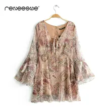 fashion print new women dress flare sleeve deep v neck lace up zipper chic pleated ladies dresses mini vintage open back dress fashion print new women dress flare sleeve deep v neck lace up zipper chic pleated ladies dresses mini vintage open back dress