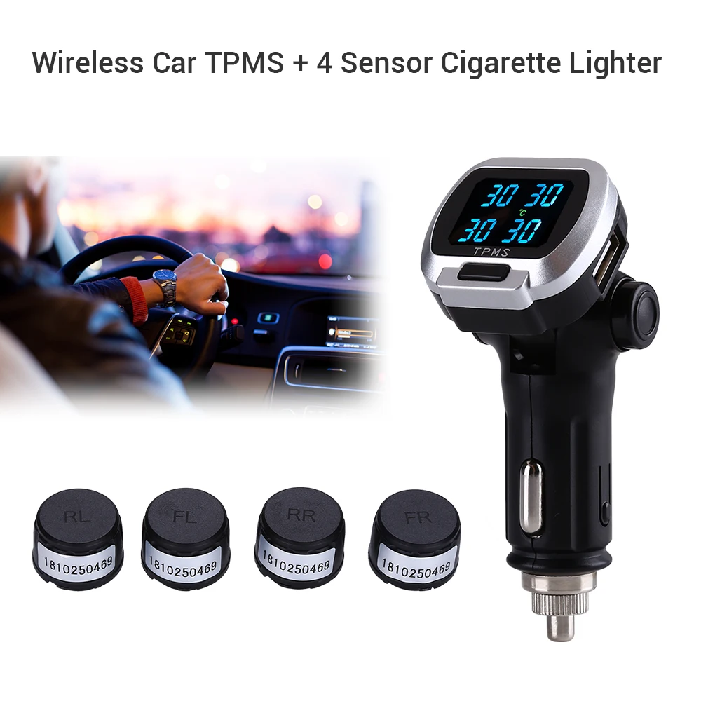 

Car Tire Pressure Monitoring System Cigarette Lighter Plug TPMS LCD Display Waterproof 4 External Sensors USB Charging