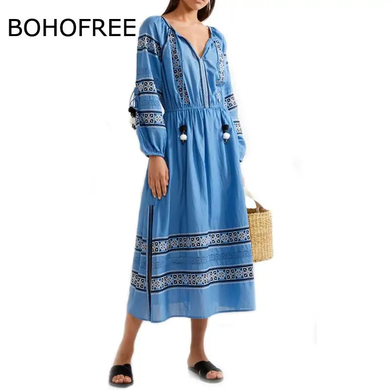 

BOHOFREE Autumn Long Dress V Neck Long Sleeve Blue Cotton And Linen Maxi Hippie Embroidery Dress Boho Ethnic White Vestidos Lady