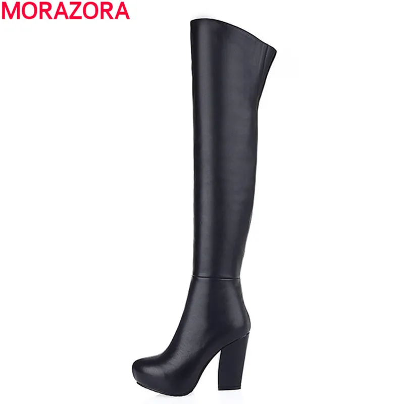 

2017 popular knee high boots for women solid zip pu+ genuine leather boots high heels pointed toe platform thigh high boots