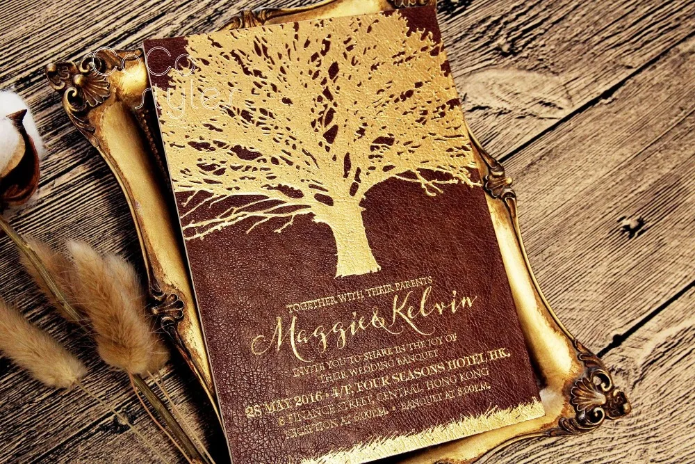  Cocostyles bespoke luxury leather invitation card with gold foiling envelope for royal style weddin - 32861406652