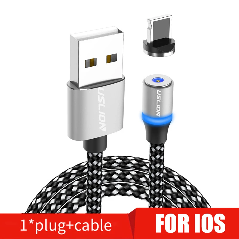 Магнитный светодиодный кабель USLION Micro usb type C для samsung S10 S9 S8 Xiaomi для iPhone XS MAX XR 8 7 6 6S USB-C магнитное зарядное устройство - Цвет: Silver For IOS