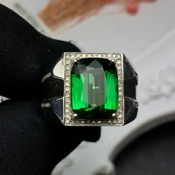 

Fine Jewelry Real Pure 18 K Gold Jewelry 100% Natural Green Tourmaline Gemstones 6.05ct Diamonds Male's Wedding Fine Man's Rings