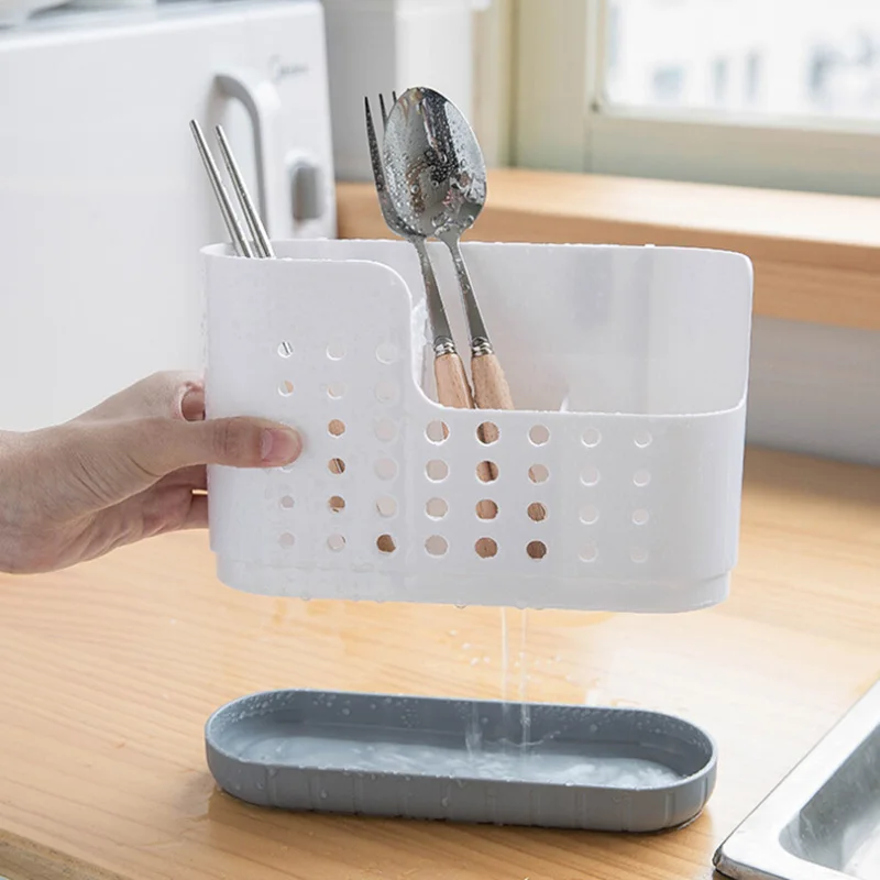 

3 Divided Kitchen Plastic Draining Rack Cage Cutlery Chopsticks Spoon Holder Storage Box Hollow Drying Stand Rack Kitchen Tools