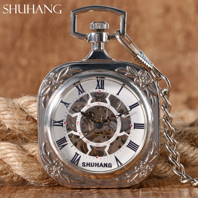SHUHANG Pocket Watch Mechanical Classic Silver Open Face Unique Square