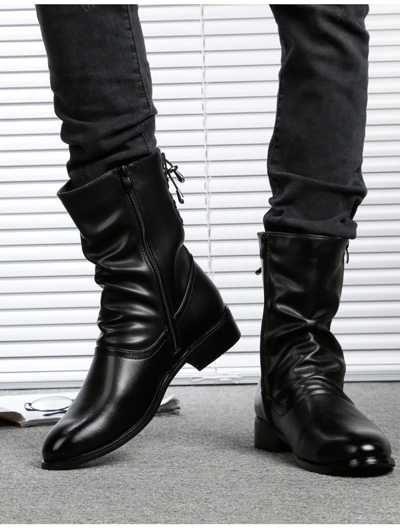 Men's Boots Men Desert Boot Mid-Calf Genuine Leather Boots Men's Zipper Men Winter Shoes Round Toe Motorcycle Boots' Army Black (12)