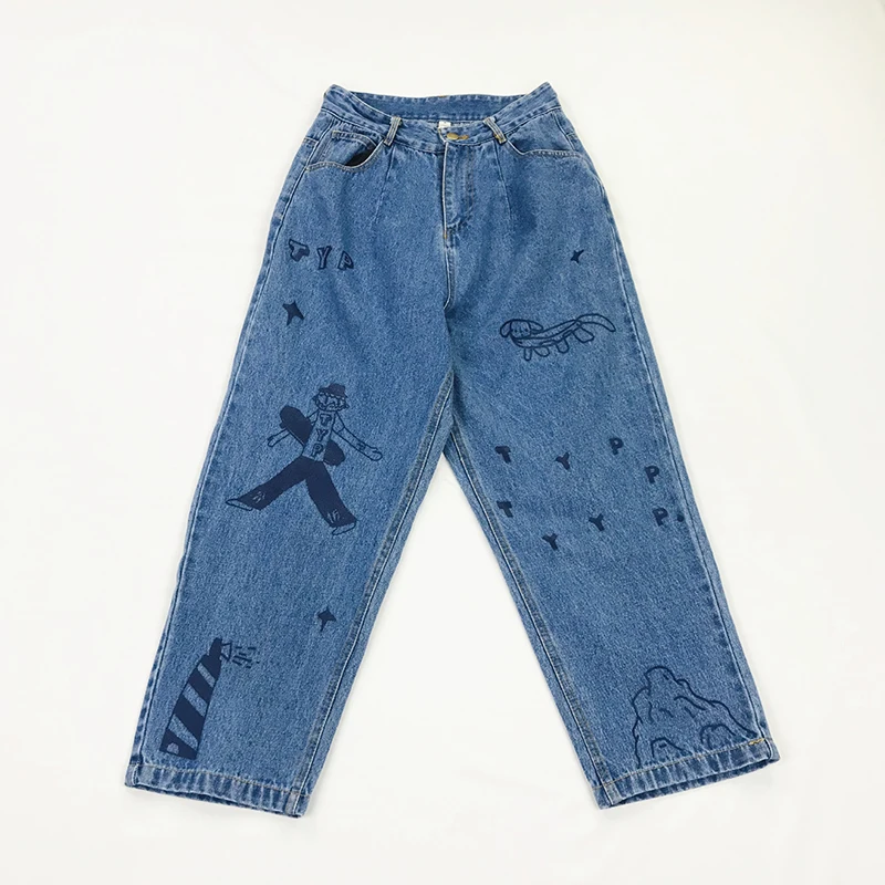 

2019 New Summer Fashion Printing Cartoon Mermaid Jeans Loose Women's Trousers Casual Cotton Girls Wide Leg Pants Lovers Bottoms