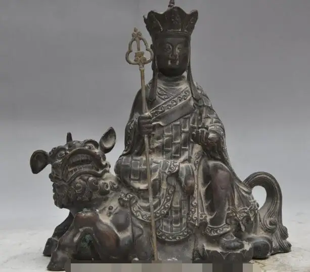 

S4654 9"old china bronze tangseng monk jizo Ksitigarbha ride foo dog lion beast statue