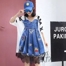 Новая тайская уличная мода мультфильм длинная футболка женская поддельная двухсекционная цифровая печать свободное тонкое платье