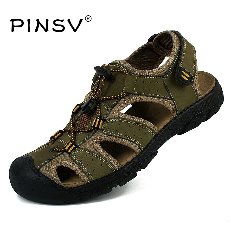 Men Sandals Full Grain Leather Sandals Men Summer Shoes Flats High Quality Men Beach Sandals Brand Zapatos Hombre PINSV