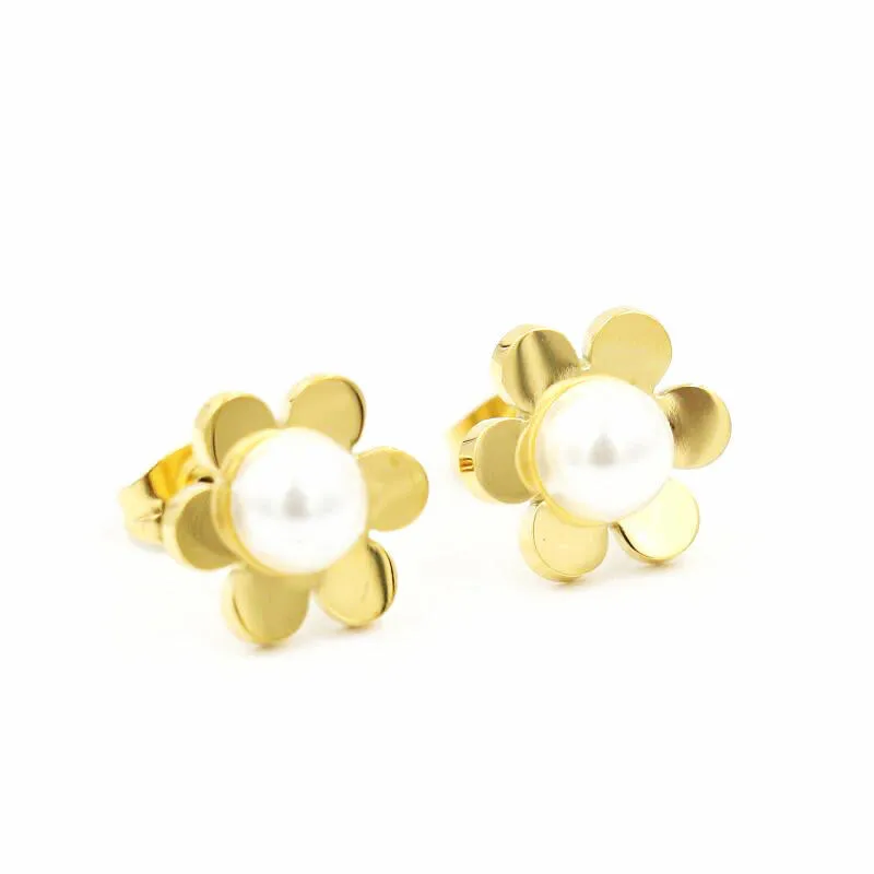 ANILLO/женские серьги-гвоздики с искусственными жемчужинами, с растительными цветами и счастливыми моментами, из нержавеющей стали, золотого цвета, милые детские ювелирные изделия для девочек - Окраска металла: gold hua