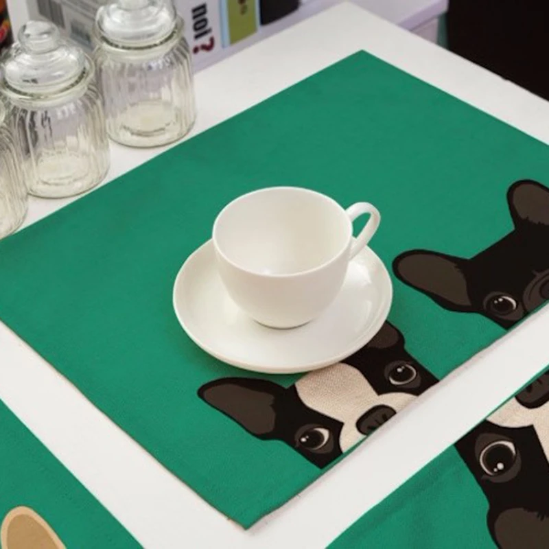 Cute Cartoon Dog Printed Western Pad Cotton Linen Table Placemat Insulation Disc Bowl Dining Table Mat Coasters Kitchen Tools