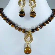 Изящный 10 мм камень тигровый глаз ожерелье+ кулон серьги набор ювелирных изделий Серебро Кварц Камень Кристалл для женщин