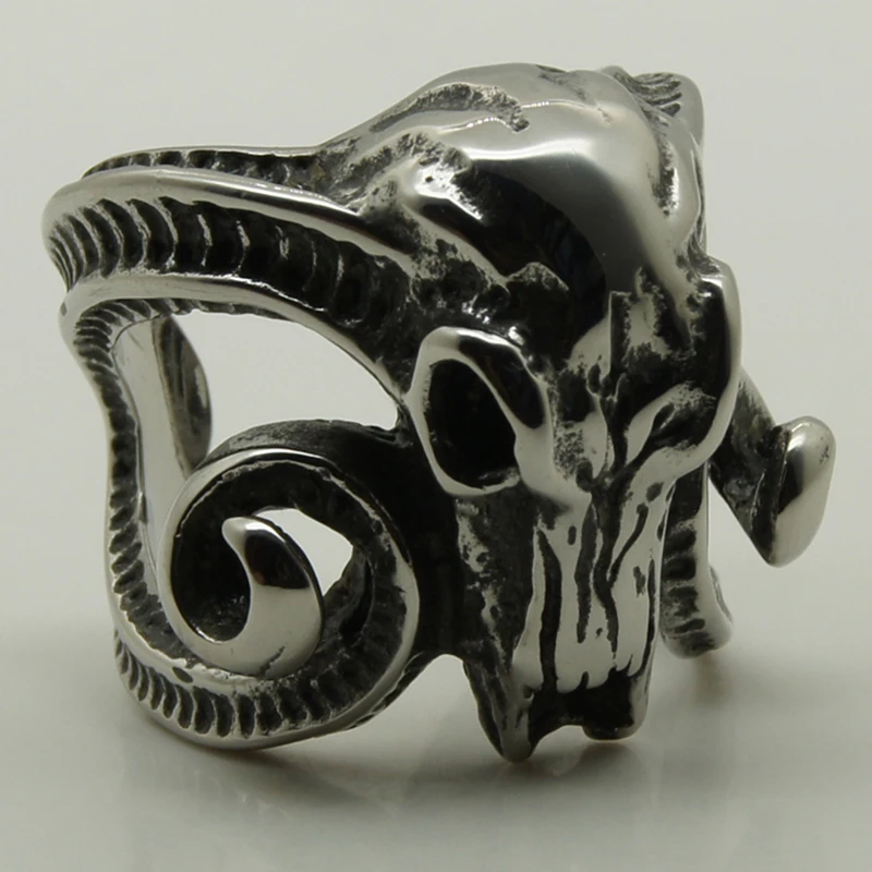 

men/boy cool big goat ram long horn skull rocky biker 316L stainless steel ring