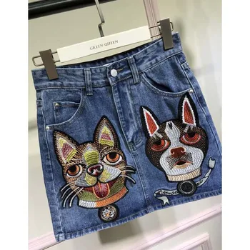 

2018 skirts pug Cute Dogs Embroidery Denim Skirt 5xl summer girl women woman clothing High Waisted Skirt Jeans New Jupe Tulle