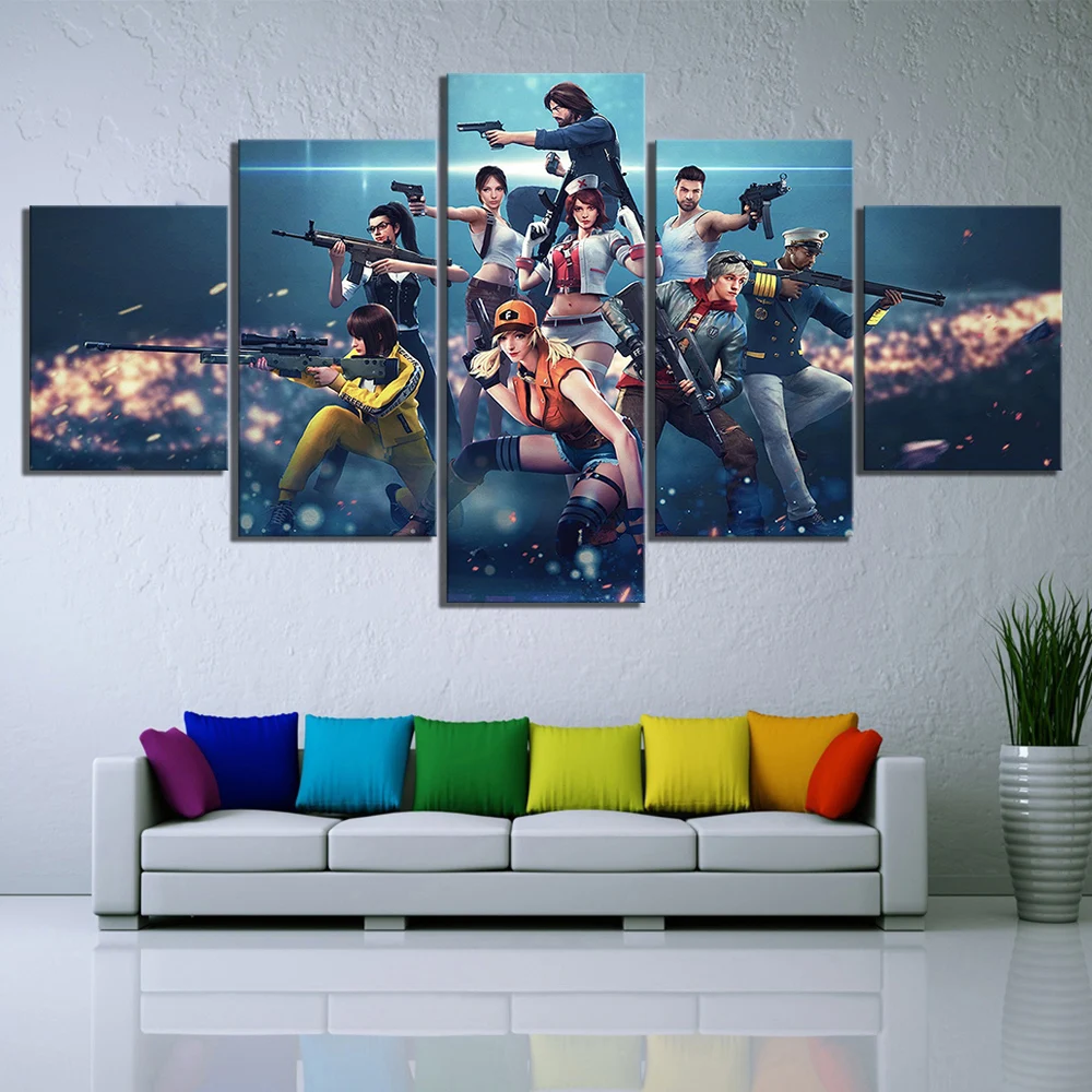 

5 Piece Shooting Game Free Fire Poster Picture Wall Paintings Garena Free Fire Video Games Poster Wall Sticker Canvas Paintings