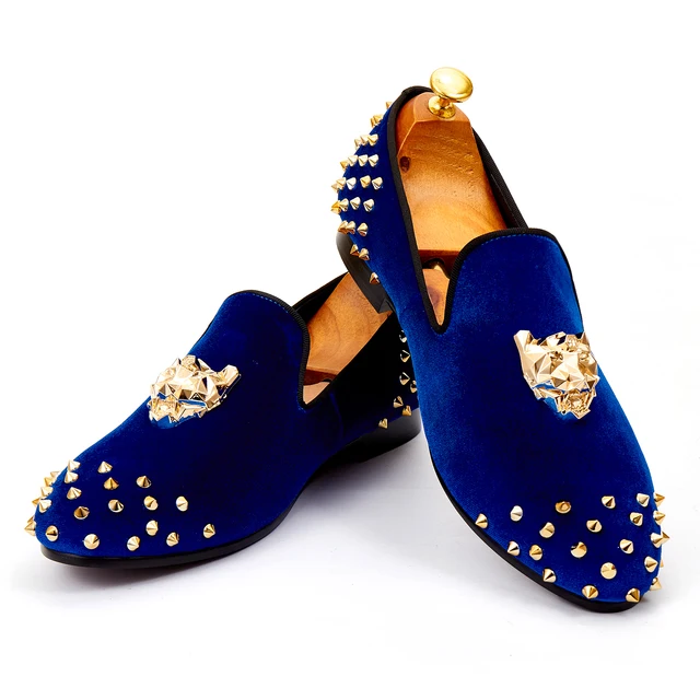 Harpelunde Mens Wedding Shoes Spikes Blue Velvet Loafers Animal Buckle