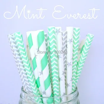 

100pcs Mixed Colors Mint Everest Paper Straws,Mint and Silver Chevron, Stripe, Star, Themed Vintage Party Drinking Straws Bulk
