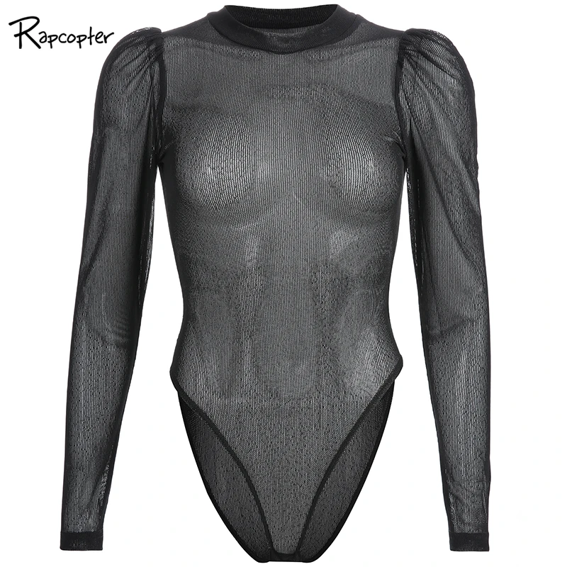 

Rapcopter Women Casual Mesh Bodysuits Soild Long Sleeve O-neck Body Jumpsuits Beauty Female Woden Skinny Popular Bodysuit 2019